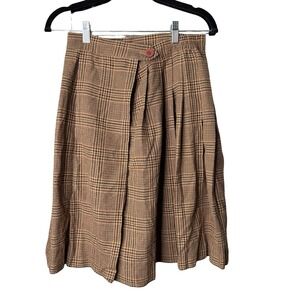 RUSS Womens Size 8 Brown Plaid Wrap Pleated Midi Skirt A Line Preppy Cottagecore